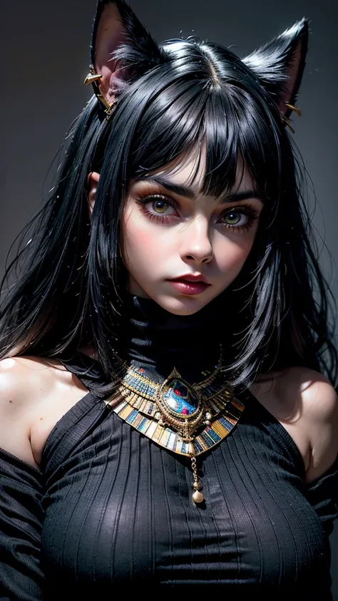 masterpiece, Ultra intricate details, high angle, aerial shot,  egypt, 30 year old girl, alone, Pale skin, Chubby , egyptian girl, Egyptian cat princess emo black outfit, cyber cat ears, black over sided long sweater, Platinum black hair, Egyptian hairstyl...