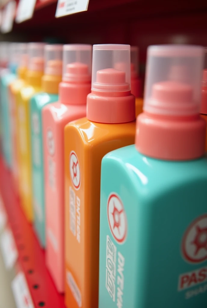 Close-up visual representation of shampoo bottles on display within a TARGET STORE in the United States, excluding other store layout elements to emphasize the product’s features and appeal for a commercial presentation. use wide angle.
