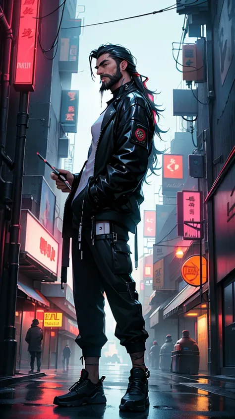 High resolution、masterpiece、Textured skin、high quality、Ultra high definition、Very detailed、male、4、、Long hair tied up、beard、Hard-boiled、Cyberpunk、Standing in a futuristic neon town, smoking a cigarette、Tall、Street Fashion、night、rain、solo, 