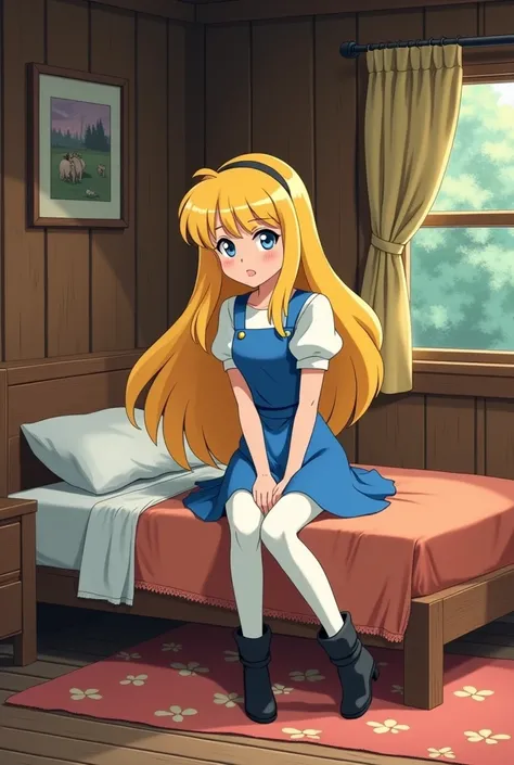 Goldilocks with her hair down, her blue dress with a white short-sleeved shirt underneath it and with her long white stockings and black boots lying on a medium-sized bed in a cabin room with an uncomfortable face like an 80s anime