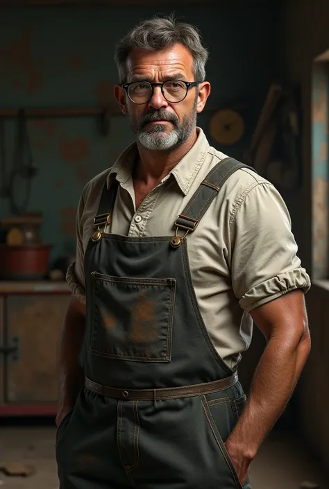 Strong thin man age 47, bearded with glasses and overalls
