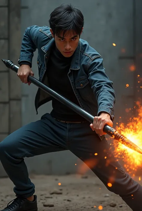 Black haired man with intense black eyes wearing a black turtleneck shirt with a black denim jacket with dark blue pants with black Nike sneakers with a black double-tipped spear with fire smoke around it doing a light attack towards someone 