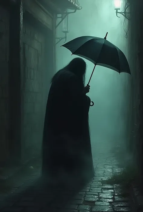 old lady with a gardachguva atmosphere of terror, the old lady has an open umbrella, the old lady has her back turned