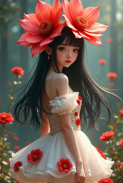 Girl already has long black hair and a little white dress with red flowers in a showy miniskirt and a giant flower on her head
