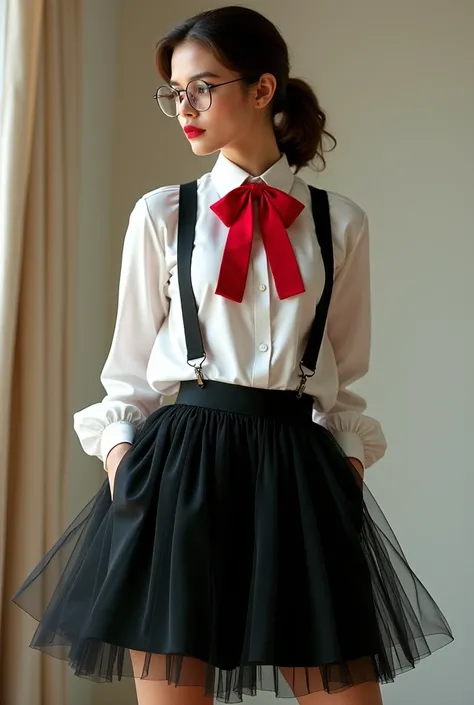 Black tulle skirt with white shirt and red tie with suspenders
