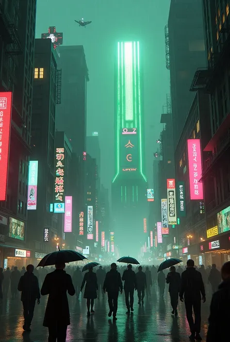 Make me a cyberpunk city that is a mix of the cities that exist in the Blade Runner movies, with the movie City of Shadows. May it be the mixture of wealth and poverty, neon and dark parts. Technology and low quality of life. Many people walking on the str...