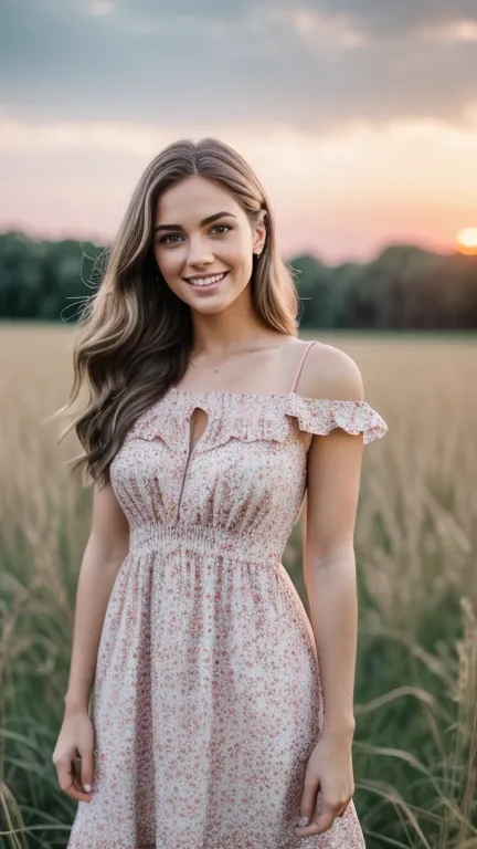 Hyper realistic and detailed full body photo of one young smiling beautiful a woman in a short summer dress standing in the middle of a field. Pink Cloudy Sunset. Sharp light. perfect eyes, (Eye makeup:1.1), (highly detailed skin:1.1), RAW, analog style, s...