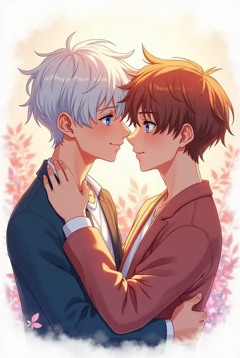 Create several matching icons with anime style, of a couple of boys (gay) lovers, One of them with white hair and dark blue eyes and looks like Ji Changmin / Q de The Boyz, and the other brown-haired boy with brown eyes who looks like Hyunjae from The Boyz...