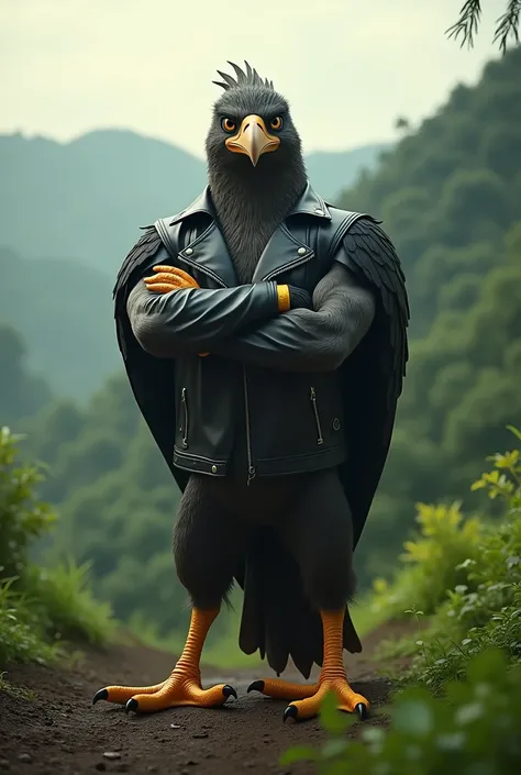 Full body portrait of a muscular Garuda bird wearing a long-sleeved black leather jacket. perfect hand, perfect fingers, perfect size, perfect face, perfect image realism, detailed background, elaborate costumes, hyper-realism, photo realism, 8K, top resol...