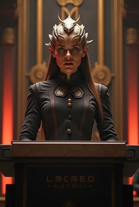 Star Trek Klingon female with bumps on her head making a weird face behind podium talking to the Klingon high Council 