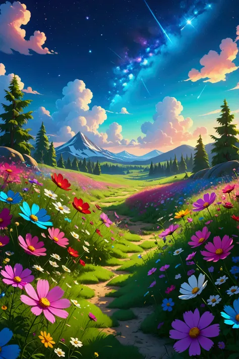 Viral anime nature wallpaper in 4K quality, in the style of Pixar 3D inspired by Toy Story, showcasing a lush meadow filled with colorful wildflowers, a clear blue sky with fluffy clouds, bright and cheerful color temperature, cosmos lighting with stars tw...