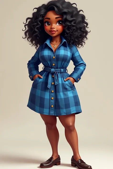 imagine a full body image of a beautiful medium built curvy brown skin African American chibi woman. She has a round shaped head, hazel eyes and a shoulder length black wavy hairstyle. shes 5 feet and 6 inches body measurements 40-28-40 and 170 lbs.  She i...