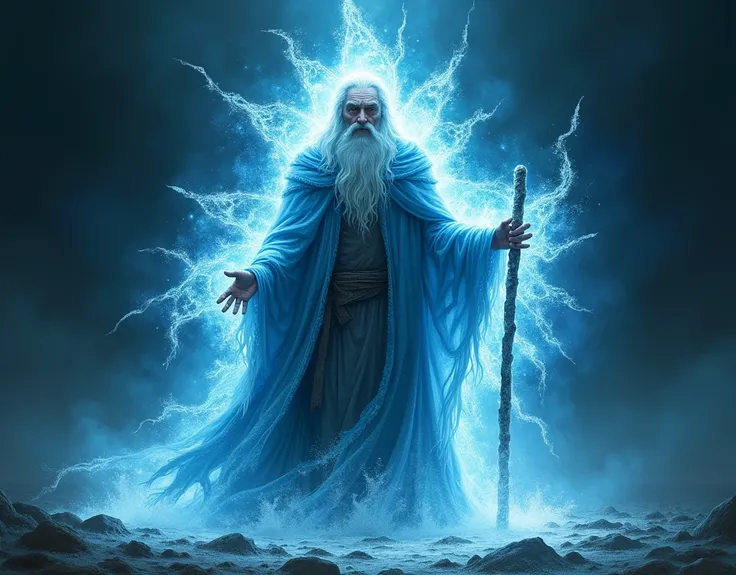 the picture shows one old sorcerer covered by anaura of ice thats is protecting him