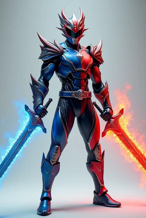 A Power Ranger with predominant red and blue colors, with two swords, one blue and one red: ice and fire, with dragon details on the helmet and the photo showing the full body, without wings and does not need to be very muscular 