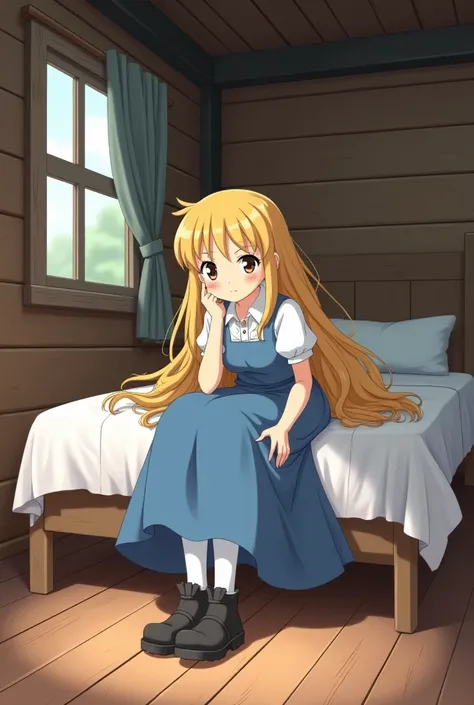 Goldilocks with her hair down, her blue dress with a white short-sleeved shirt underneath it and with her long white stockings and black boots (without accessories on her head) lying on a medium-sized bed in a cabin room (without any window nearby) with an...