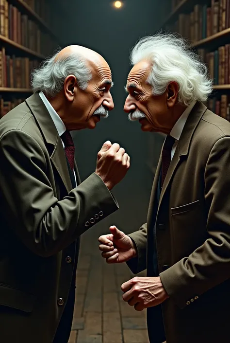 Old bald man fighting with Einstein 


