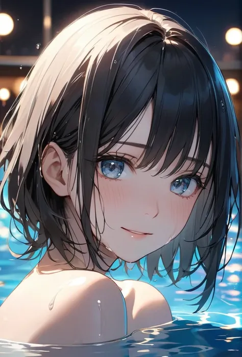 Upper body close-up（((masterpiece), on) "Perfect face, short black hair, beautiful eyes, Japanese, clean facial features, her slightly wet hair falling over her shoulders, illuminated by the soft light of the night pool, a gentle smile on her face. Her eye...