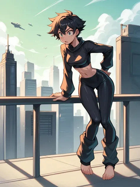 sharp woman in black sportswear posing in front of a city skyline, jet black leg warmers, black leg warmers, black leg warmers, vestindo tight black clothes, black elastane, leg warmers, leg warmers, near a skinny, tight clothes, matte black pants, tight b...