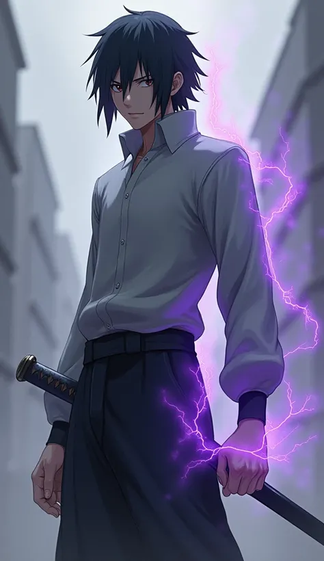 Sasuke from naruto shippuden grey long sleeved collared shirt with katana purple aura using chidori in 