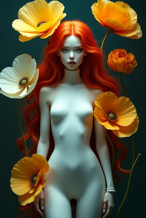 Hyper insane detailed art masterpiece image depicts a surreal, dream-like scene with a central figure who exudes an ethereal, almost otherworldly presence. The figure is a woman with strikingly pale skin, large blue eyes, and vivid red hair. (Her hair casc...