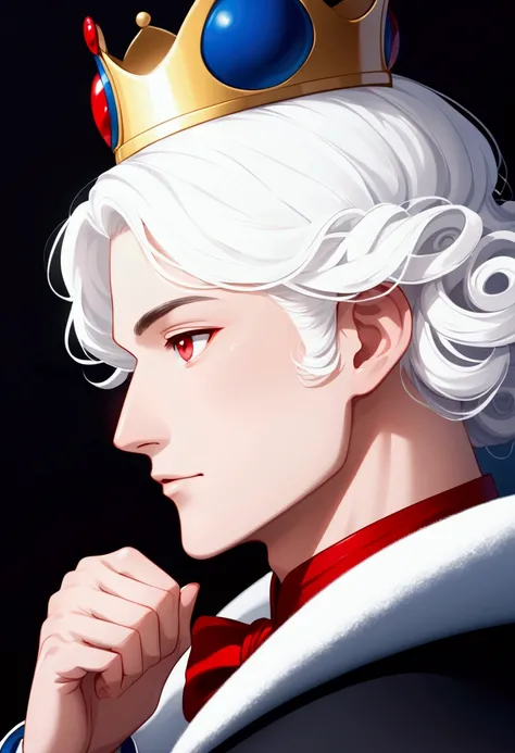 man,black suit, medium curly hair, fringe, snow white hair, crimson eyes, Skin as white as snow, perfect male face, , stylish position for profile picture, Alone