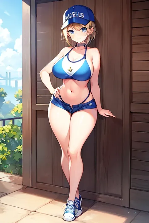 1girl, light smile, breasts, hourglass figure, standing, full body, ((full body)), toned, very short hair, bikini, shorts, sneakers, blue eyes, cap, baseball cap