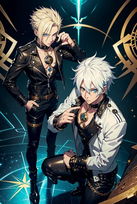 Make an anime character with white, spiky hair, one blue eye and the other golden. He wears a kind of leather jacket and a white dress shirt, leather gloves with lead, gold details, brown pants and black boots, with a green compass rose tattoo on the chest...