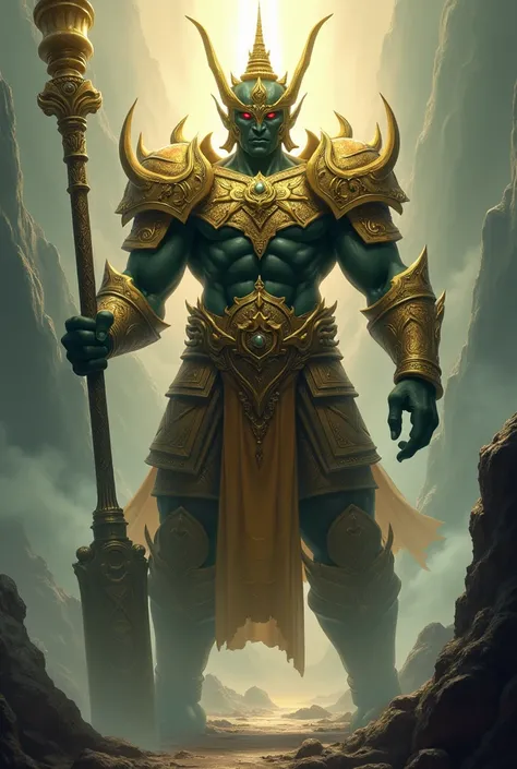 "An image of the mighty and powerful giant, Thao Wessuwan, standing majestically amidst a mysterious atmosphere. He has dark green skin, adorned in golden armor intricately detailed with fine patterns, holding a long, powerful mace in his right hand. His f...