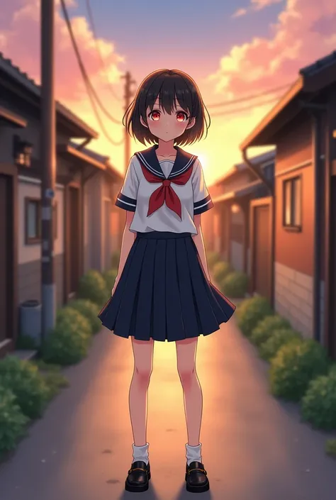 Standing in an empty alley in rural Japan、High school girl、Black Short Hair、Navy short sleeve sailor uniform、skirt,Bright red eyes、barefoot、Cool smile、Full body portrait,Black Loafers,White socks,Sunset sky