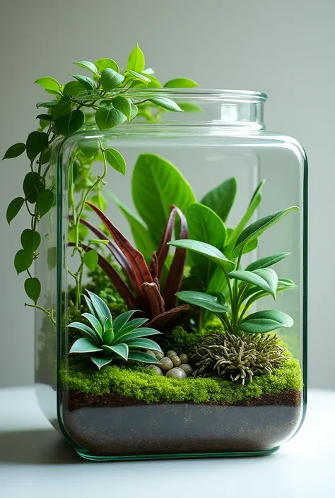 a square terrarium with pothos plant, begonia plant, pako plant, Fittonia plant, and sheet moss
