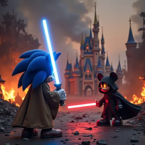 In the foreground, Sonic the Hedgehog is seen from behind, slightly turned to the right, wearing a brown Jedi robe. He holds a glowing blue lightsaber in his right hand, raised in a defensive position. His back is tense, and his face is not visible. In the...