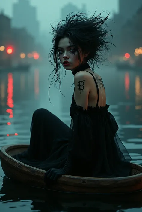 Hyper realistic detailed digital art masterpiece, close face portrait, mysterious dark fairy mafia woman, sitting in a dark small wooden boat, foggy, dark water reflections, number face tattoo detailed, modern street style  , with future gaming, correct po...