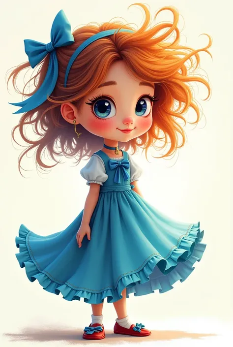 The cartoon kid with crazy hair,  with blue ribbon and blue dress . 