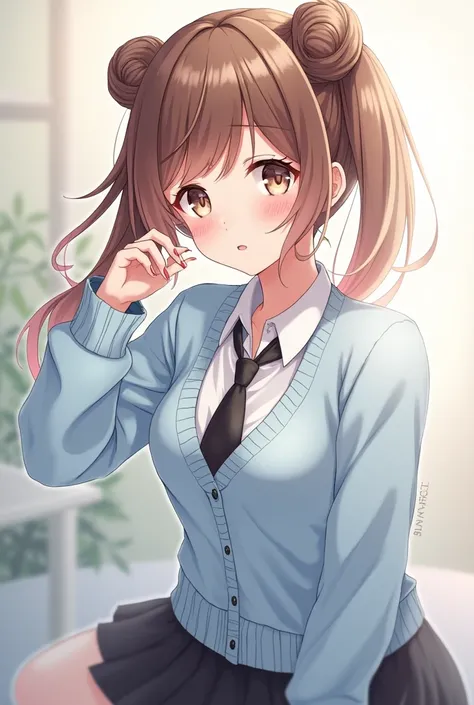 anime girl with brown hair, buns, and long, monolids, brown eyes, wearing a light blue cardigan, a black tie and a black skirt