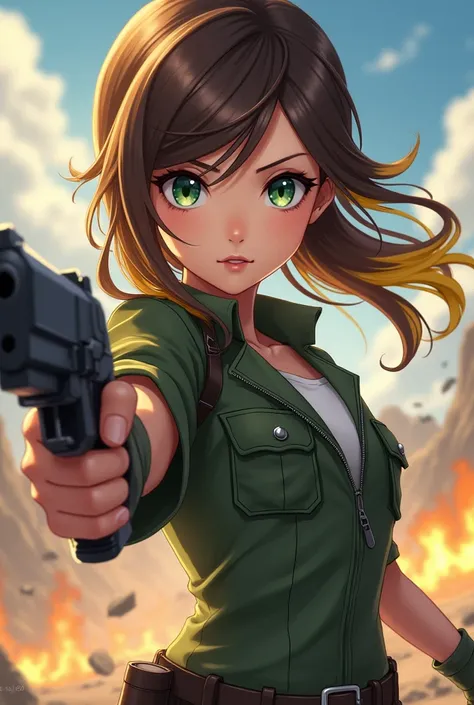 Young girl with somewhat appearance , but with expression it would be. Light flesh skin color, dark green eyes, Hair color should be brown with yellow highlights, Hair should be loose and side parting, must have military clothes like Rosa, must have guns i...