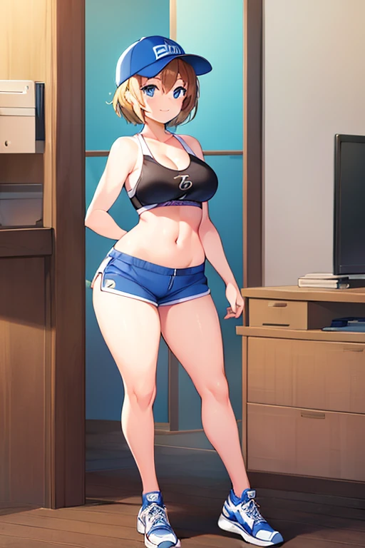 1girl, light smile, breasts, hourglass figure, standing, full body, ((full body)), toned, very short hair, bikini, shorts, sneakers, blue eyes, cap, baseball cap, tall, sleeveless, bare shoulders