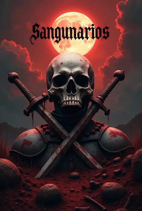 Reference for the Cover of SANGUINARIOS Background:
Dark sky with reddish clouds.
A bright full moon in the center of the sky.
Visual Background:
Broken armor and bloody swords scattered at the bottom.
Dark and gloomy texture, suggesting a battle atmospher...