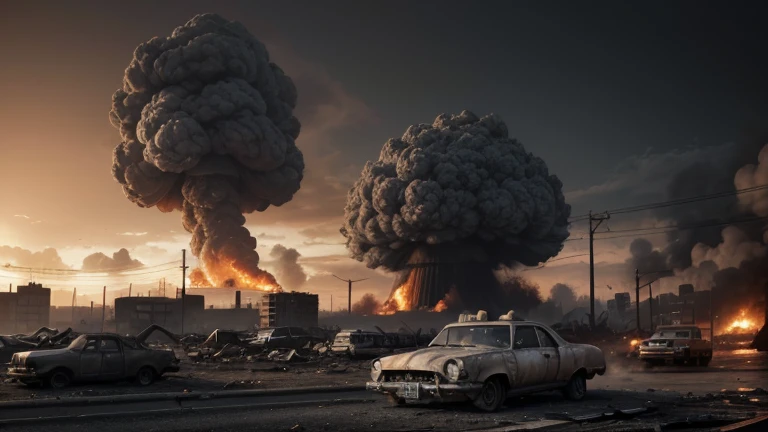 destroyed city, hyper realistic, Extreme realism, grayscales, Orange sky, destroyed cars in the background, smoke in the air, atomic bomb explosion in the background, atomic mushroom in the background