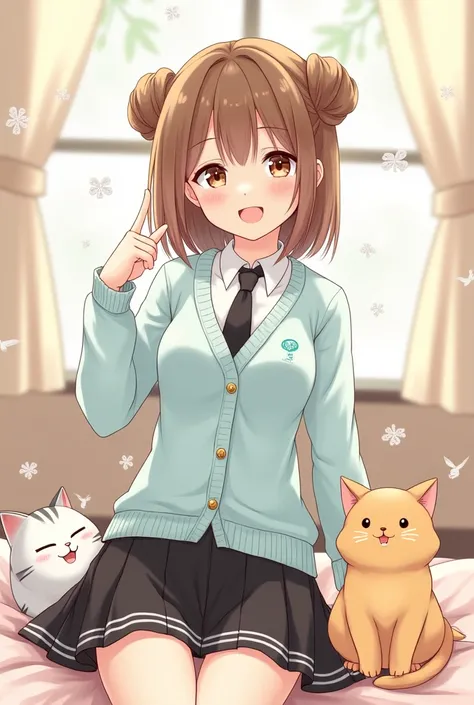 anime girl with brown hair tied up in two buns, and cat, brown eyes, wearing a light blue cardigan, a black tie and a black skirt