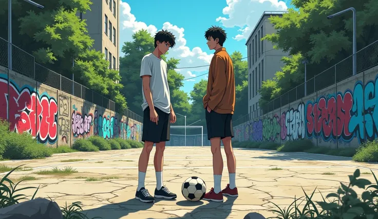 Two young men on a ravaged and graffitied neighborhood soccer field, one distrusting the other. Do it in anime style