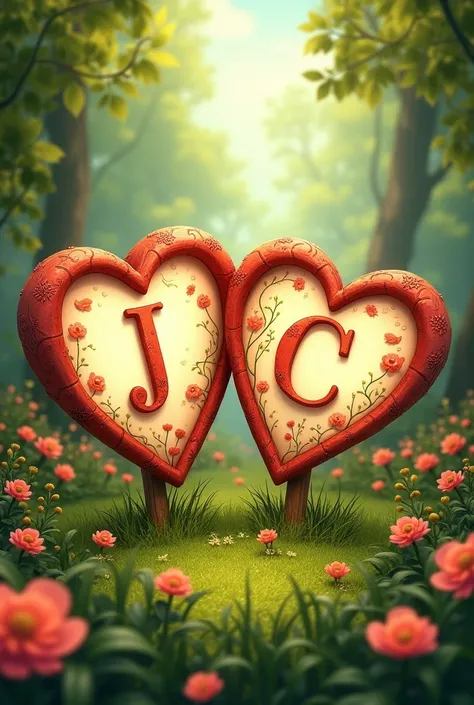 Create an image with the letter j and the letter c each with a heart frame with a nature background
