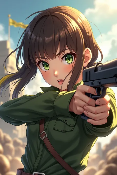 Young girl with somewhat appearance , but with expression it would be. Light flesh skin color, dark green eyes, Hair color should be brown with yellow highlights, Hair should be loose and side parting, must have military clothes like Rosa, must have guns i...