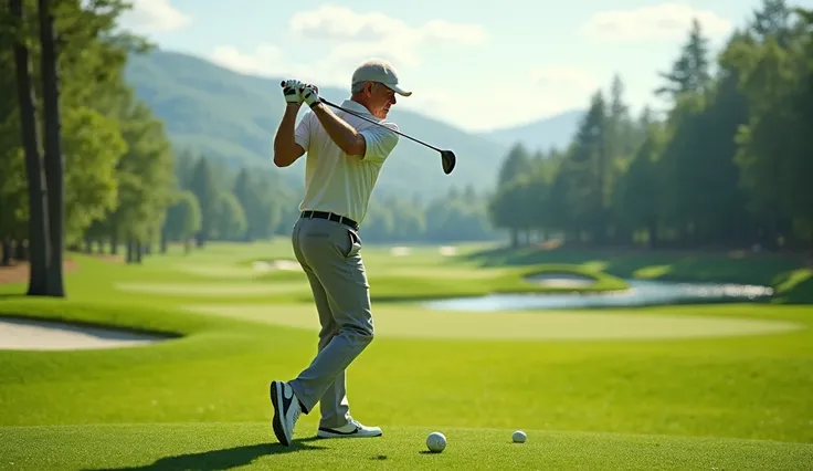 A male athlete in his 60s swinging a golf club on a golf course. He is wearing a polo shirt and golf pants, focused on hitting the ball.