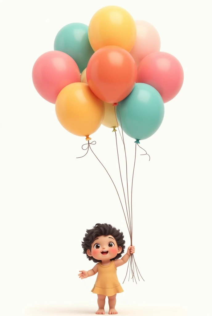 cute  BEBER with short curly BLACK hair holding balloons white background