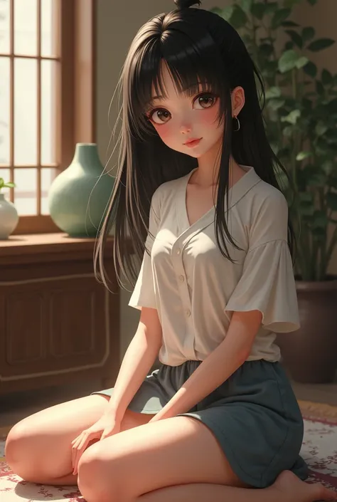 Create a Chinese girl sitting in her short skirt in a room