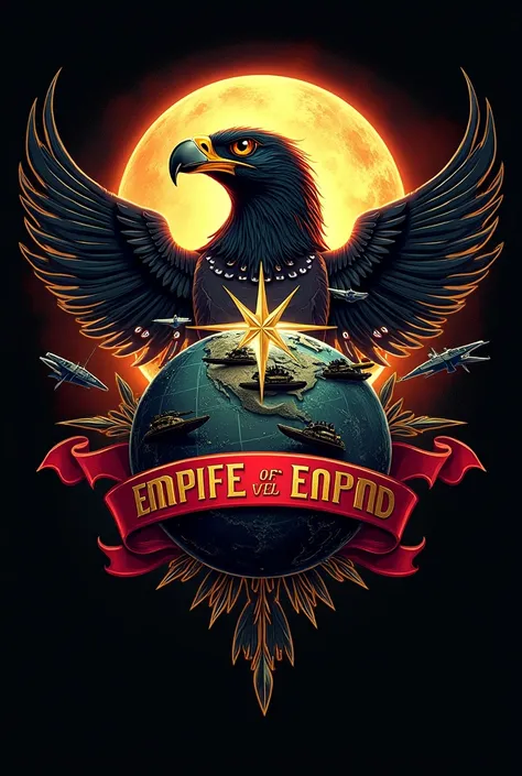 Logo of an orb and an image of Huros Egyptian god behind it. , Inside the orb there are soldiers, Tanks, Bombers and battleships., On the front a red ribbon with the name EMPIRE GODS OF DEATH in gold letters around the globe flags of the Latin American cou...