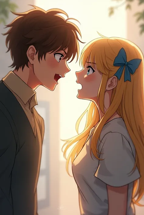 Golden haired girl with blue eyes and a blue bow along with a brown haired boy yelling at each other