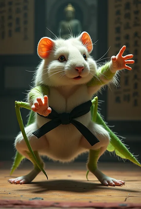 Make an image of a guinea pig and a praying mantis united in one body fighting karate 