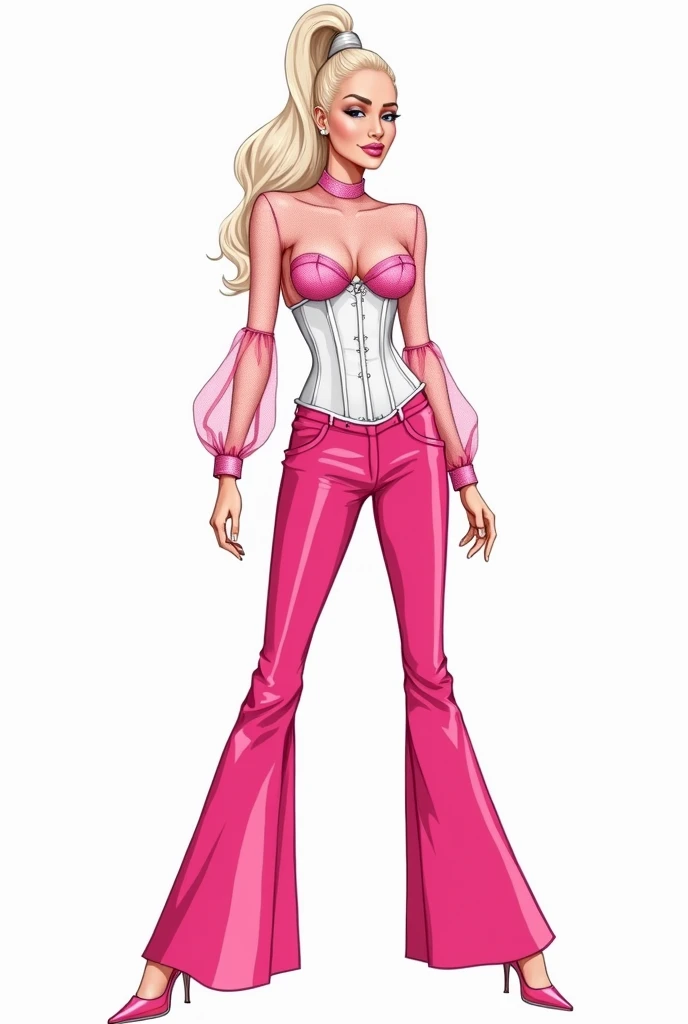 a croqui with pink flare pants, white corset with a pink slim shiny fishnet fabric blouse with sleeves under, no shoes on