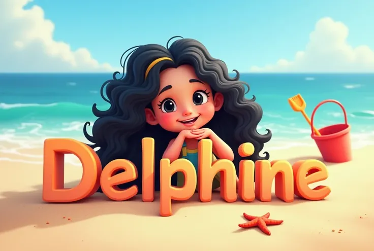  Style dessin animé, jeune fille, cheveux longs frisés noirs, sur le sable devant la mer appuyée sur le nom " Delphine " ecrit en 3D.  Elle regarde vers la caméra avec une etoile de mer sur le sable et un seau et une pelle comme jouets 